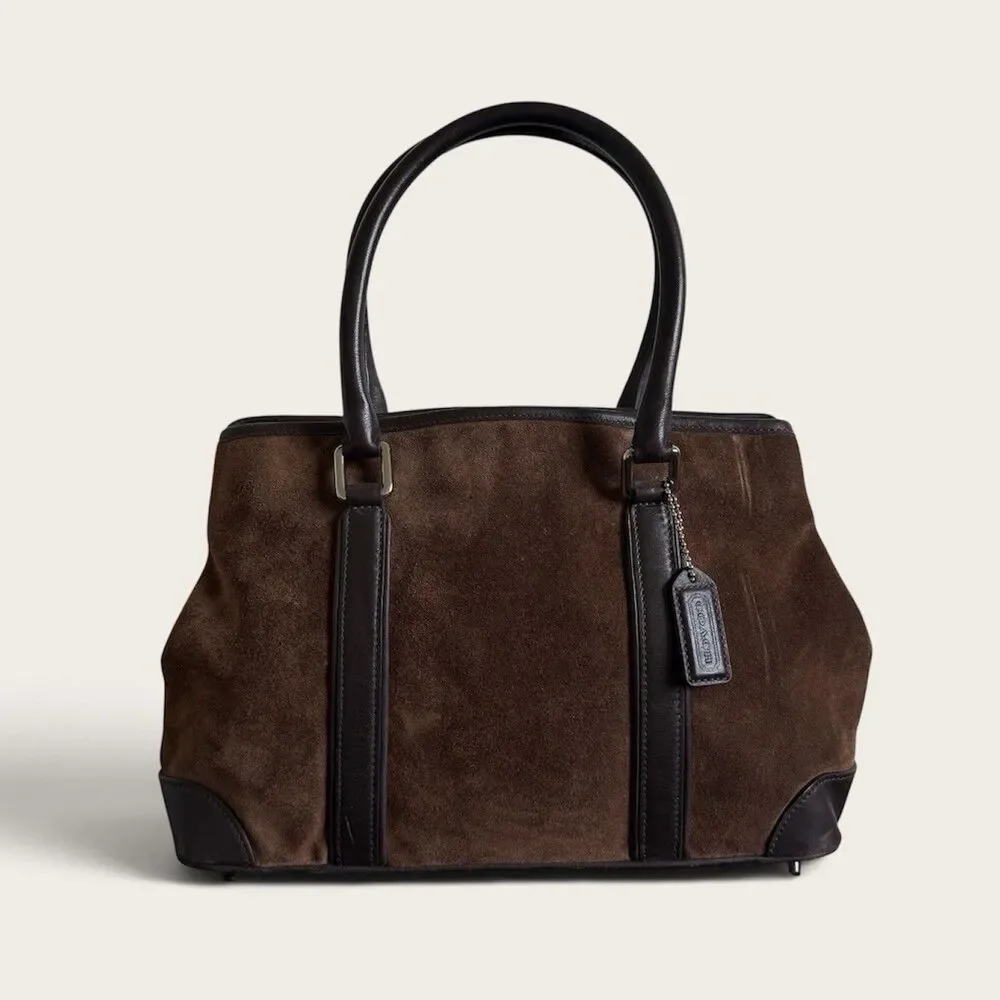 Coach Vtg Y2K 2000s Chocolate Brown Suede Hamptons Leather Trim Satchel Tote Bag